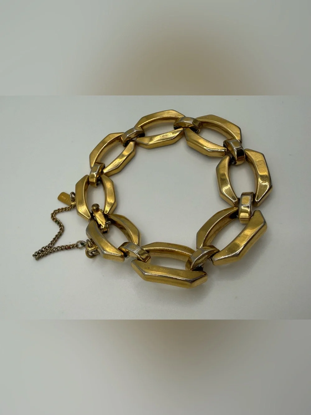 Vintage MONET Signed Chunky Gold Tone Hexagonal Link Bracelet 6.5